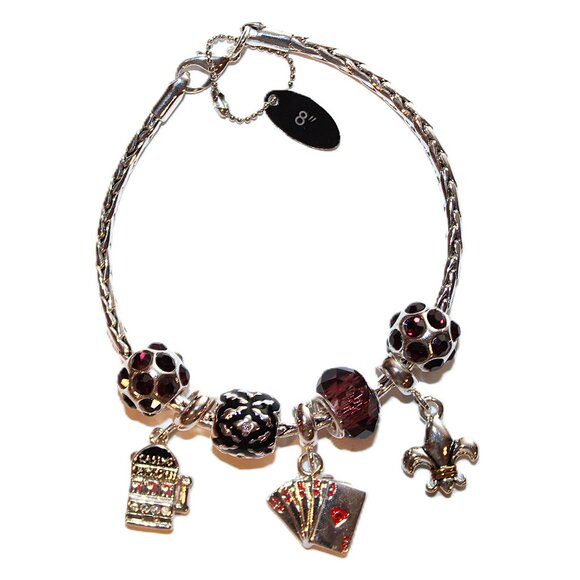 DaVinci Charm Bracelet 8" 7 Beads - Casino Cards Poker Gambling Garnet Red CZ - Picture 1 of 6